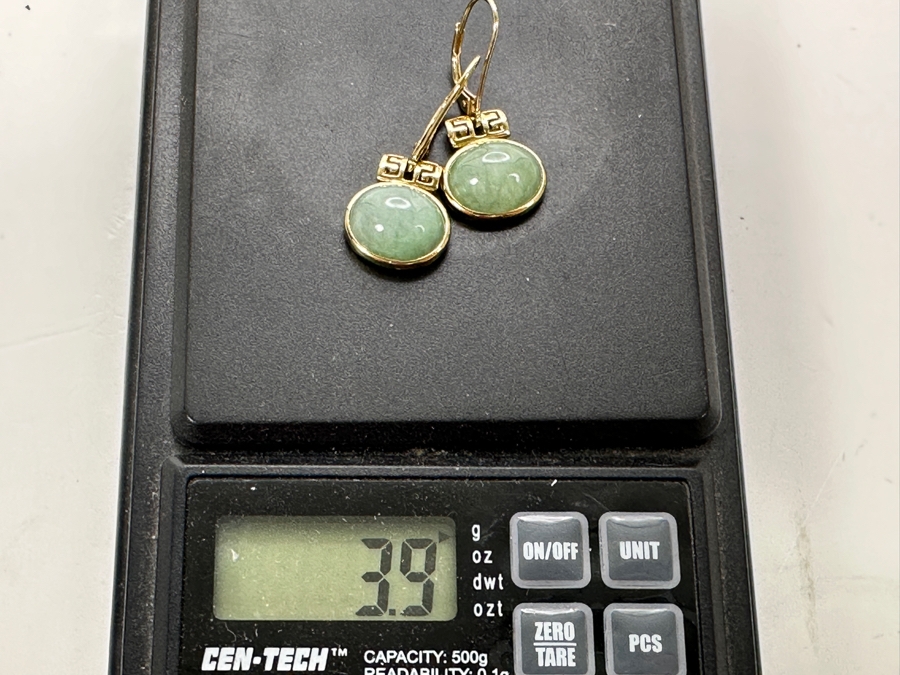 14k Gold Green Jade 12x10mm Earrings 3.9g Retails $800 [Photo 7]