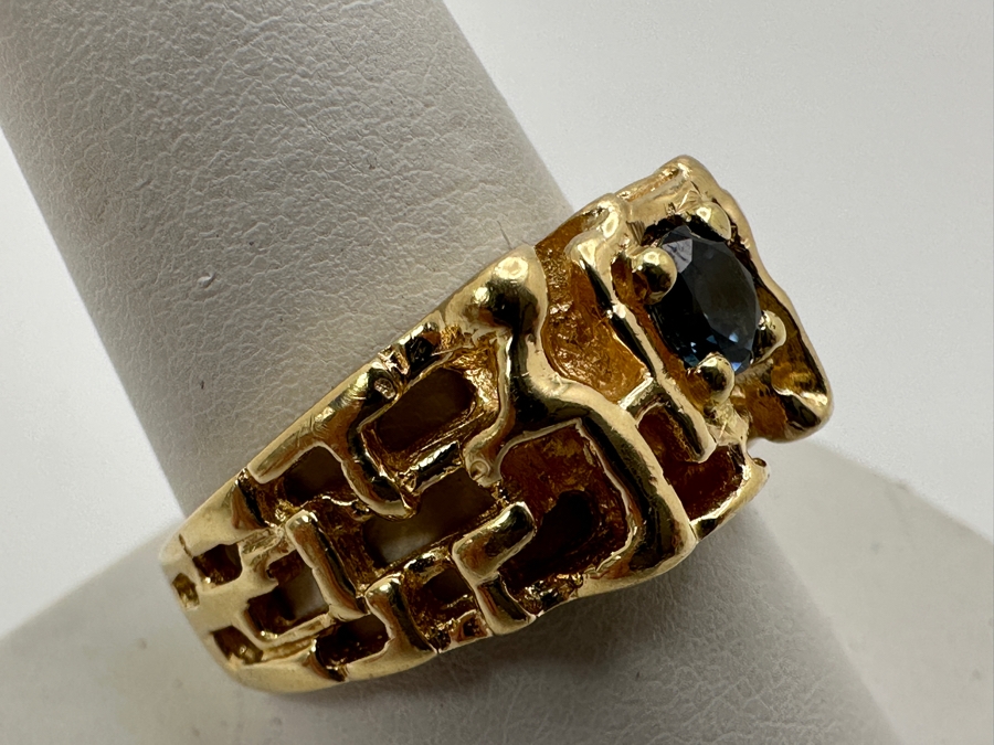 14k Gold Nugget Mens Ring With 4.9mm Round Blue Stone (Possibly Zircon) 9.1g Size 11 Retails $2,200 [Photo 3]