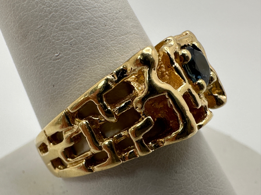 14k Gold Nugget Mens Ring With 4.9mm Round Blue Stone (Possibly Zircon) 9.1g Size 11 Retails $2,200 [Photo 4]
