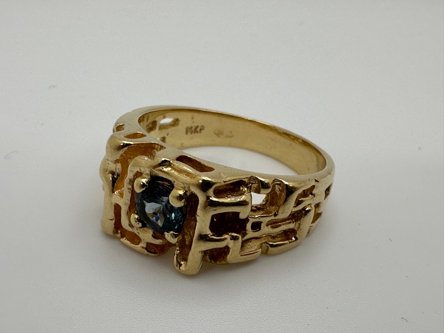 14k Gold Nugget Mens Ring With 4.9mm Round Blue Stone (Possibly Zircon) 9.1g Size 11 Retails $2,200 [Photo 7]