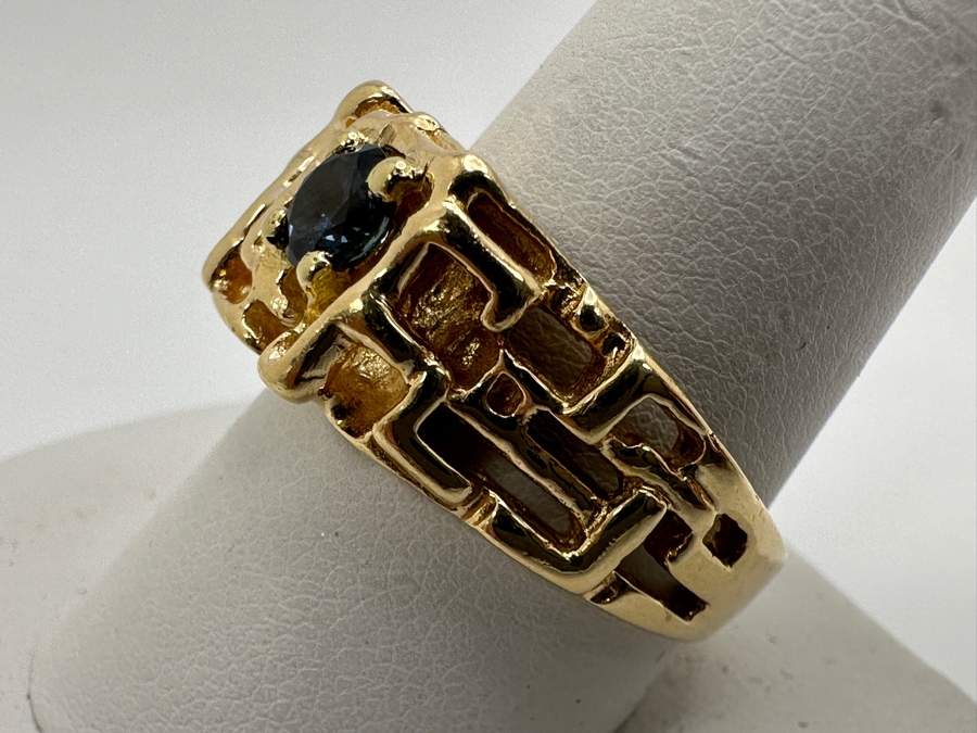 14k Gold Nugget Mens Ring With 4.9mm Round Blue Stone (Possibly Zircon) 9.1g Size 11 Retails $2,200 [Photo 5]