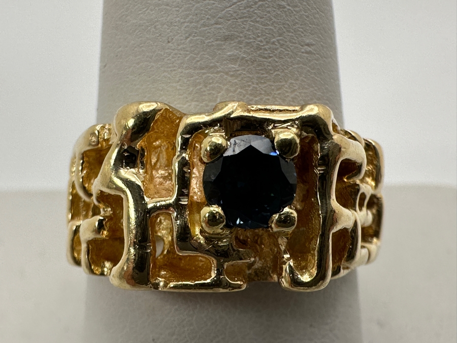 14k Gold Nugget Mens Ring With 4.9mm Round Blue Stone (Possibly Zircon) 9.1g Size 11 Retails $2,200 [Photo 2]