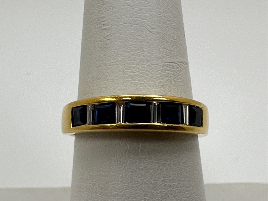 18k Gold Ring Set With (5) 2.75mm Synthetic Sapphires And Cz Size 8 4.9g Retails $1,500 [Photo 2]