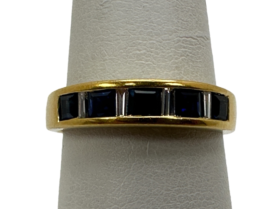 18k Gold Ring Set With (5) 2.75mm Synthetic Sapphires And Cz Size 8 4.9g Retails $1,500 [Photo 1]