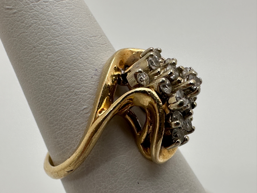 14k Gold Diamond Waterfall Ring Set With (15) 1.5mm Round Brilliant Diamonds Est. .20-.25cttw Size 5 4.4g Retails $1,100 [Photo 4]