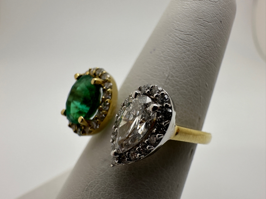 18k Gold Ring With 7x5 Oval Emerald Est. .75ct & 7x4 Pear Shape Diamond SI2 F-G Color Est. .55cttw Accented With (34) 1mm Round Diamonds .15cttw 4.8g Size 6 Retails $5,600  [Photo 5]