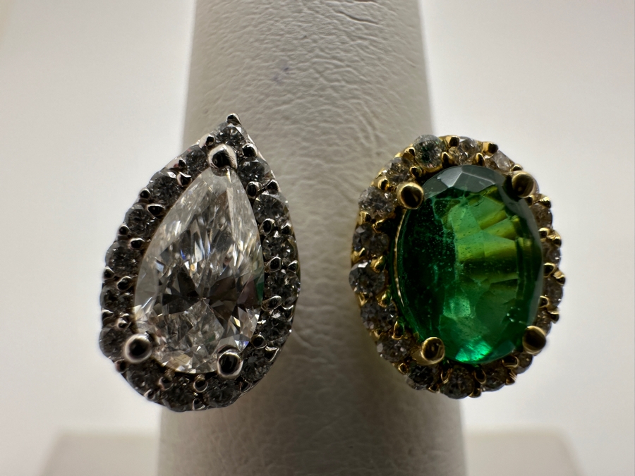 18k Gold Ring With 7x5 Oval Emerald Est. .75ct & 7x4 Pear Shape Diamond SI2 F-G Color Est. .55cttw Accented With (34) 1mm Round Diamonds .15cttw 4.8g Size 6 Retails $5,600  [Photo 8]