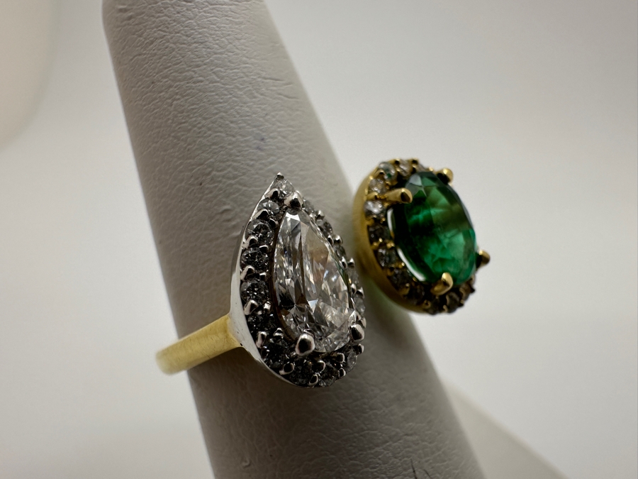 18k Gold Ring With 7x5 Oval Emerald Est. .75ct & 7x4 Pear Shape Diamond SI2 F-G Color Est. .55cttw Accented With (34) 1mm Round Diamonds .15cttw 4.8g Size 6 Retails $5,600  [Photo 9]