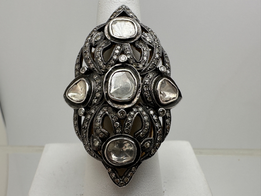 14k Gold Shank With Silver Top Ring Set With (1) Large Natural Diamond And (3) Other Stones Possibly Moissanite Size 7 13.1g Retails $2,000 [Photo 2]