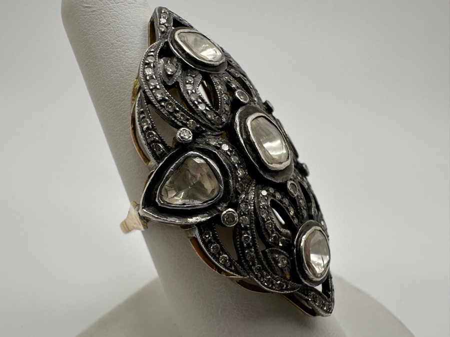 14k Gold Shank With Silver Top Ring Set With (1) Large Natural Diamond And (3) Other Stones Possibly Moissanite Size 7 13.1g Retails $2,000 [Photo 6]