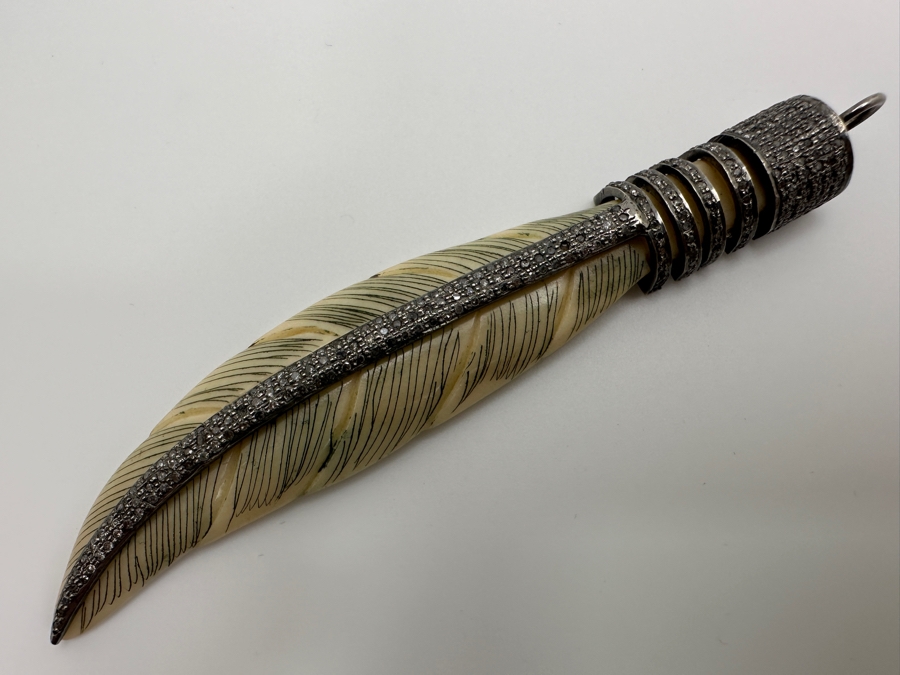 Diamonds Set In Silver With Carved Bone Pendant 4.5'H 22.7g Retails $450 [Photo 2]