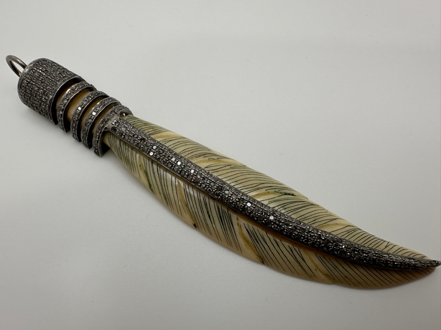 Diamonds Set In Silver With Carved Bone Pendant 4.5'H 22.7g Retails $450 [Photo 5]