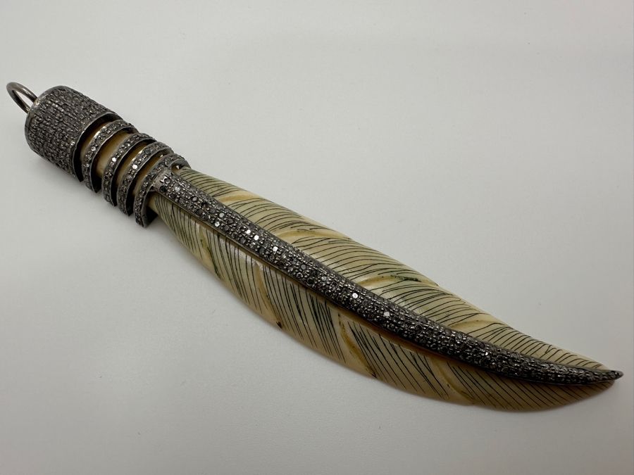 Diamonds Set In Silver With Carved Bone Pendant 4.5'H 22.7g Retails $450 [Photo 4]