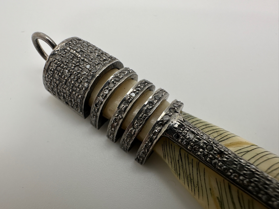 Diamonds Set In Silver With Carved Bone Pendant 4.5'H 22.7g Retails $450 [Photo 7]