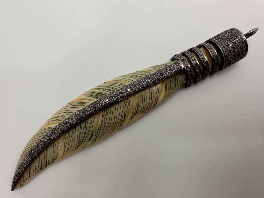 Diamonds Set In Silver With Carved Bone Pendant 4.5'H 22.7g Retails $450 [Photo 3]