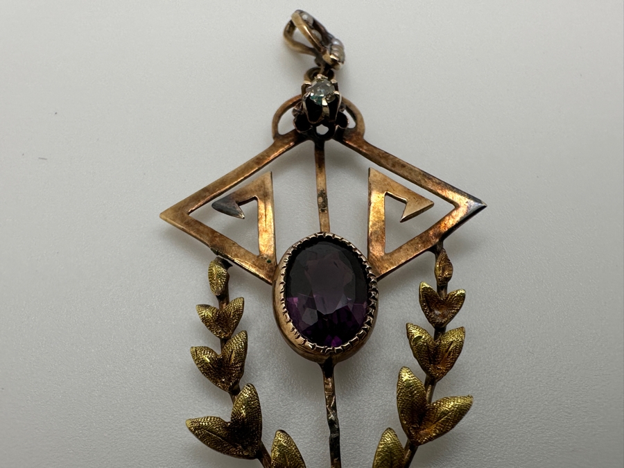 Vintage 14k Gold Pendant With Diamond, Pearl & Amethyst Accents 2.5'H 2.3g Retails $500 [Photo 3]