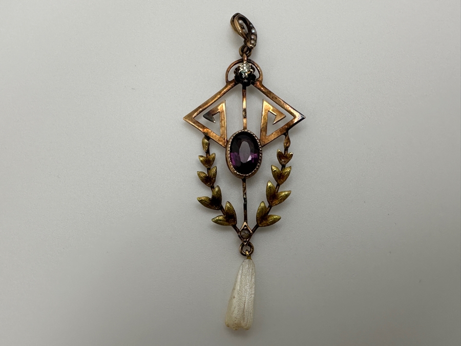 Vintage 14k Gold Pendant With Diamond, Pearl & Amethyst Accents 2.5'H 2.3g Retails $500 [Photo 2]