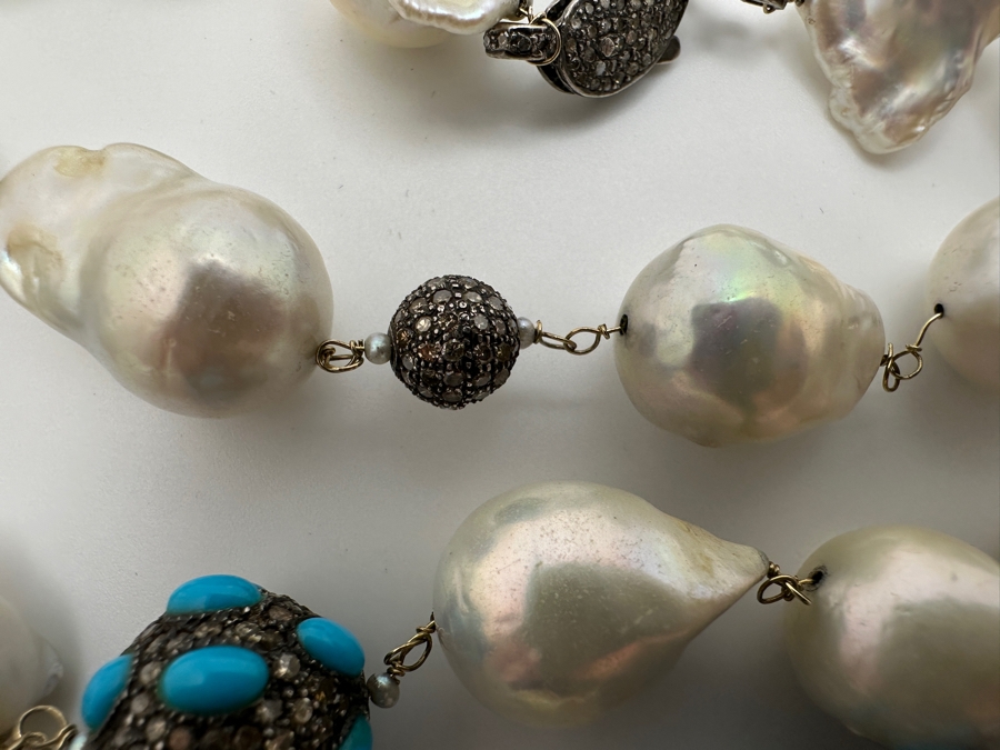 32' Baroque Pearl & Silver Beads Necklace Set With Diamonds And Turquoise With Silver Clasp Retails $1,300 [Photo 5]