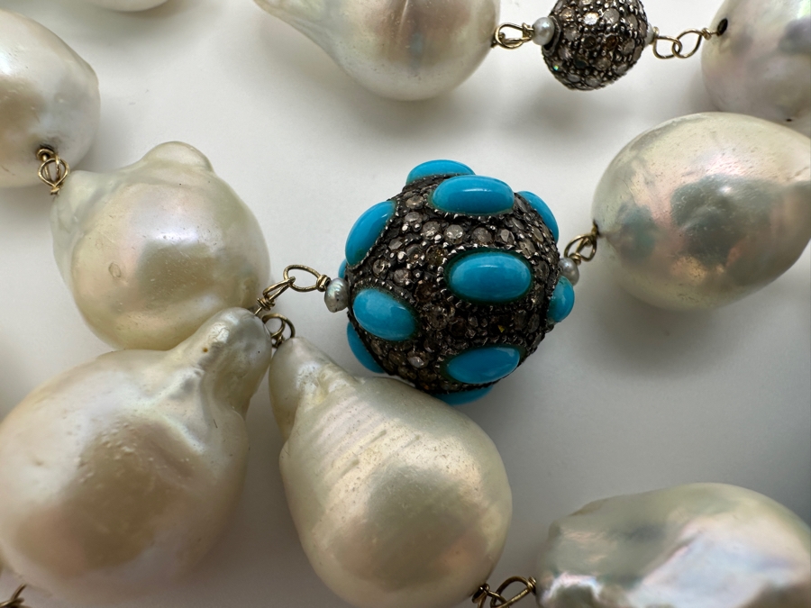 32' Baroque Pearl & Silver Beads Necklace Set With Diamonds And Turquoise With Silver Clasp Retails $1,300 [Photo 4]
