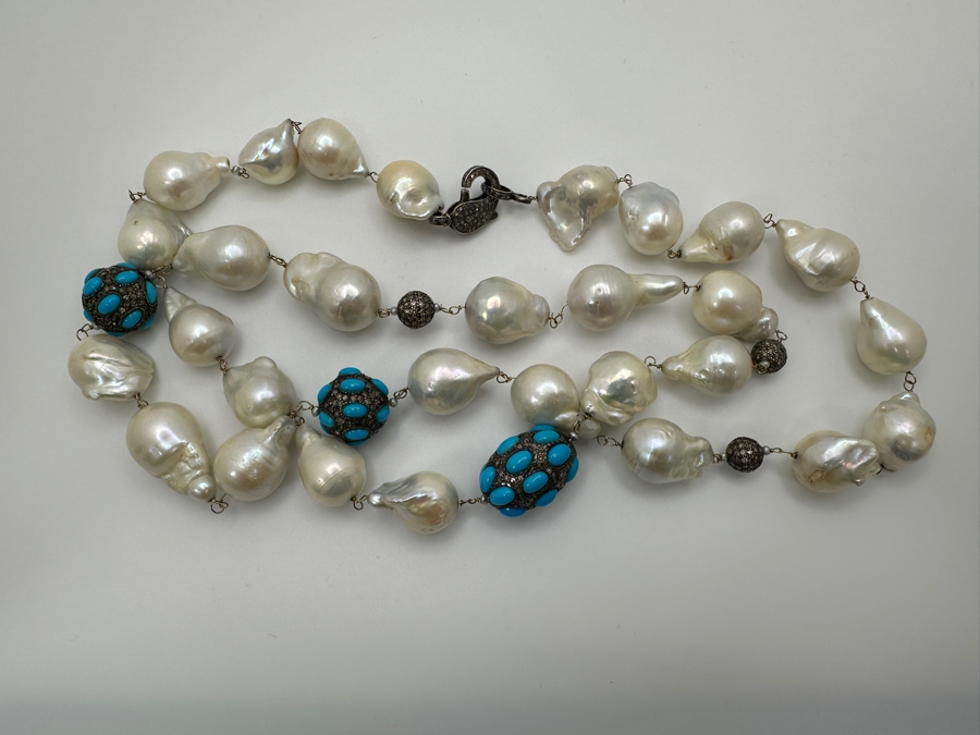 32' Baroque Pearl & Silver Beads Necklace Set With Diamonds And Turquoise With Silver Clasp Retails $1,300 [Photo 2]