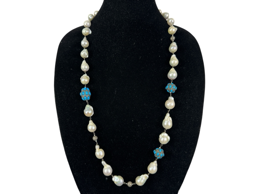 32' Baroque Pearl & Silver Beads Necklace Set With Diamonds And Turquoise With Silver Clasp Retails $1,300 [Photo 1]