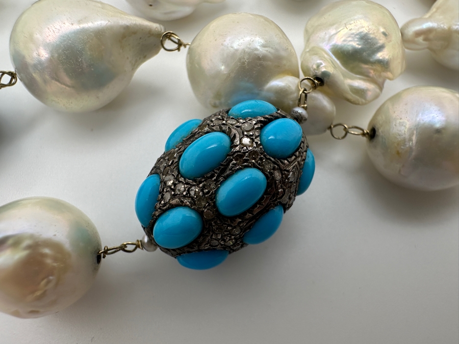 32' Baroque Pearl & Silver Beads Necklace Set With Diamonds And Turquoise With Silver Clasp Retails $1,300 [Photo 3]