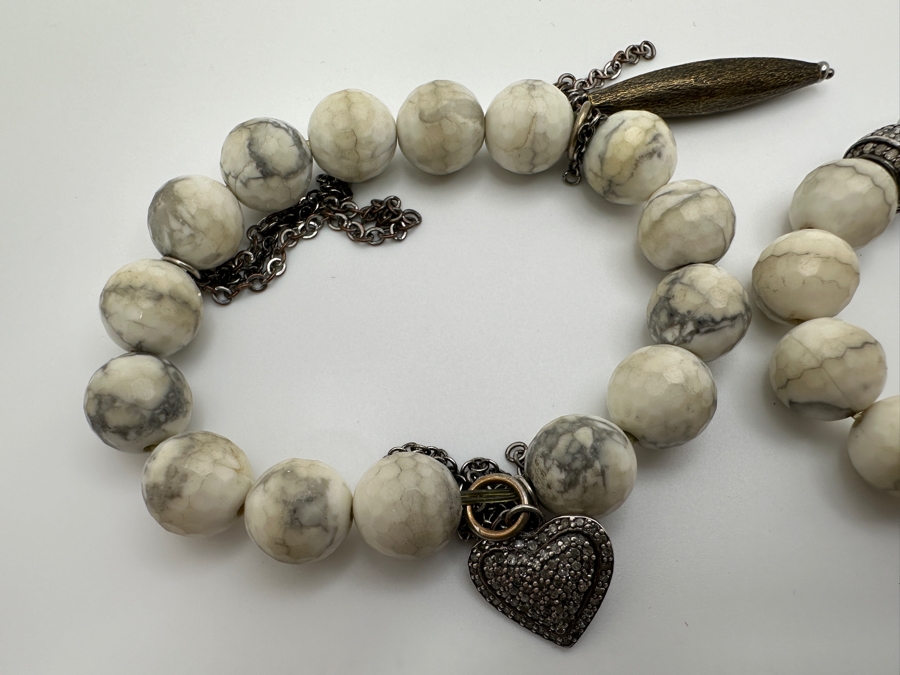 Pair Of Howlite Beaded Bracelets Set With Diamonds In Sterling Silver [Photo 3]
