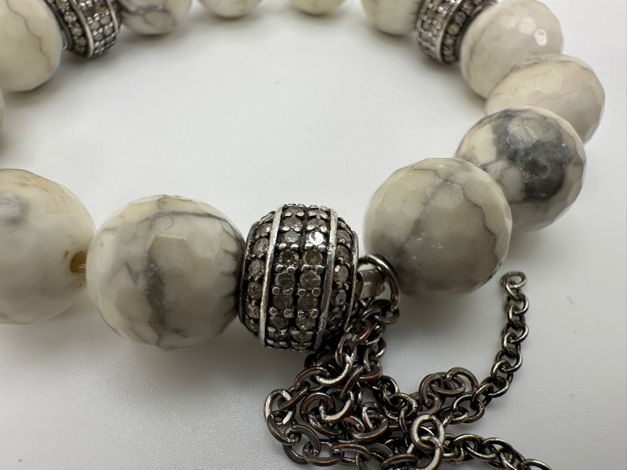 Pair Of Howlite Beaded Bracelets Set With Diamonds In Sterling Silver [Photo 5]