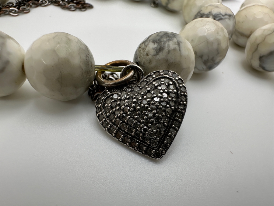 Pair Of Howlite Beaded Bracelets Set With Diamonds In Sterling Silver [Photo 2]