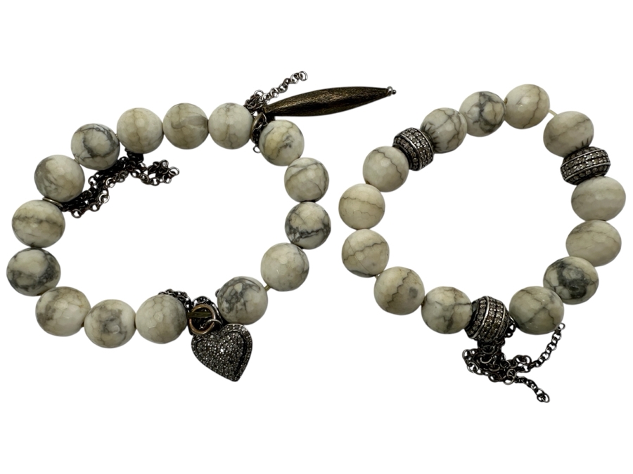 Pair Of Howlite Beaded Bracelets Set With Diamonds In Sterling Silver