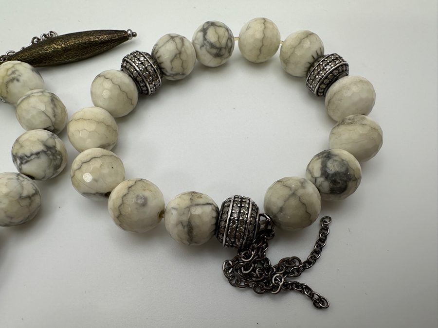 Pair Of Howlite Beaded Bracelets Set With Diamonds In Sterling Silver [Photo 4]