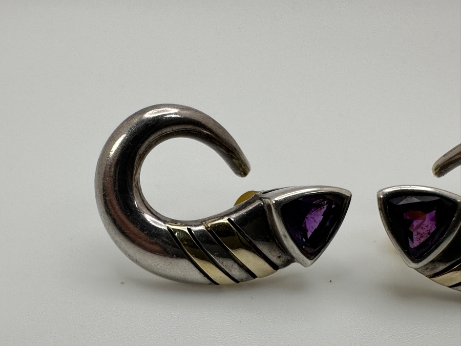 Sterling Silver Earrings With Gold Accents And Amethyst Trillion Stones 5.9g Retails $400 [Photo 3]
