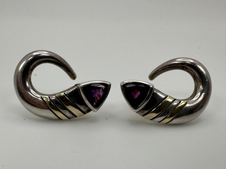 Sterling Silver Earrings With Gold Accents And Amethyst Trillion Stones 5.9g Retails $400 [Photo 2]
