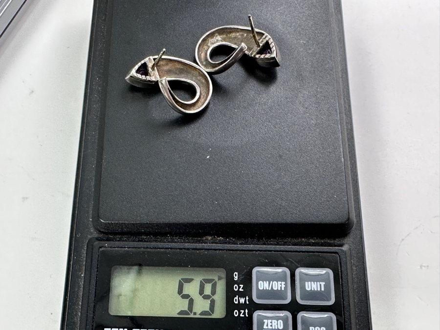 Sterling Silver Earrings With Gold Accents And Amethyst Trillion Stones 5.9g Retails $400 [Photo 8]