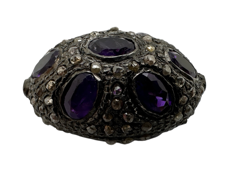 Sterling Silver Bead Set With Natural Diamonds And Amethyst Stones 6x4mm 8.1g Retails $350