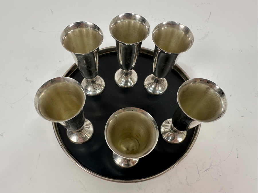 Web Sterling Silver (6) 3'H Cordial Cups Shot Glasses With Sterling Silver Rimmed 6.5' Round Tray Total Sterling Silver Weight of Cups Only 129g Silver Melt Value of Cups Only $146 [Photo 5]