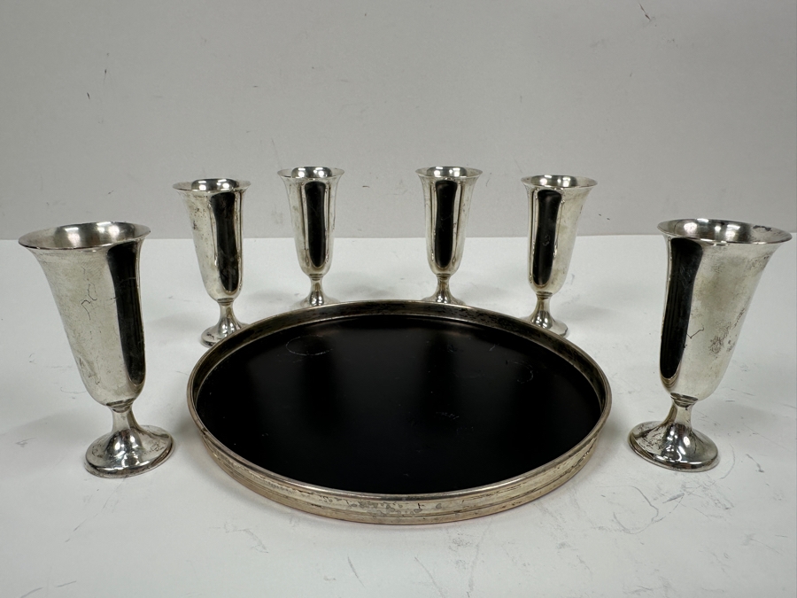 Web Sterling Silver (6) 3'H Cordial Cups Shot Glasses With Sterling Silver Rimmed 6.5' Round Tray Total Sterling Silver Weight of Cups Only 129g Silver Melt Value of Cups Only $146 [Photo 6]