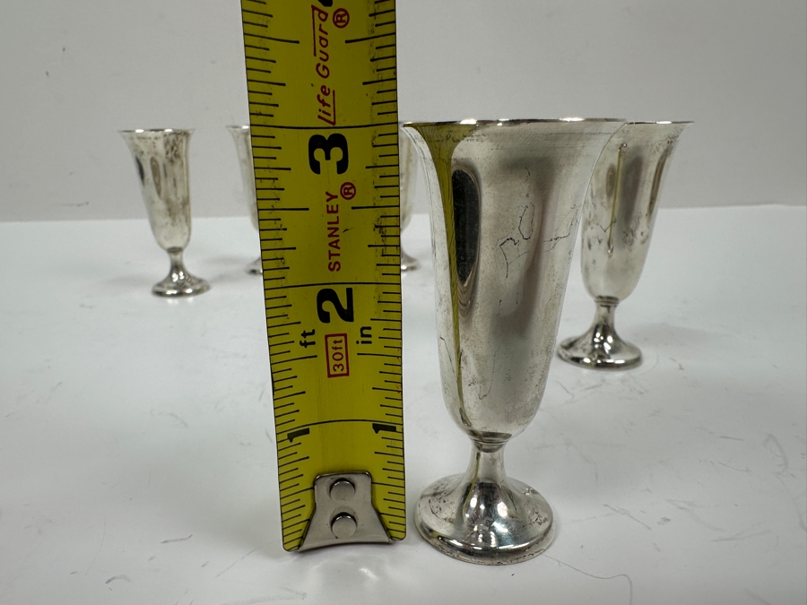 Web Sterling Silver (6) 3'H Cordial Cups Shot Glasses With Sterling Silver Rimmed 6.5' Round Tray Total Sterling Silver Weight of Cups Only 129g Silver Melt Value of Cups Only $146 [Photo 12]