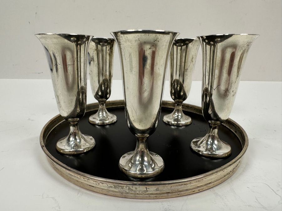 Web Sterling Silver (6) 3'H Cordial Cups Shot Glasses With Sterling Silver Rimmed 6.5' Round Tray Total Sterling Silver Weight of Cups Only 129g Silver Melt Value of Cups Only $146 [Photo 4]