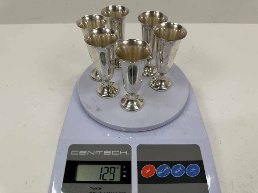 Web Sterling Silver (6) 3'H Cordial Cups Shot Glasses With Sterling Silver Rimmed 6.5' Round Tray Total Sterling Silver Weight of Cups Only 129g Silver Melt Value of Cups Only $146 [Photo 13]