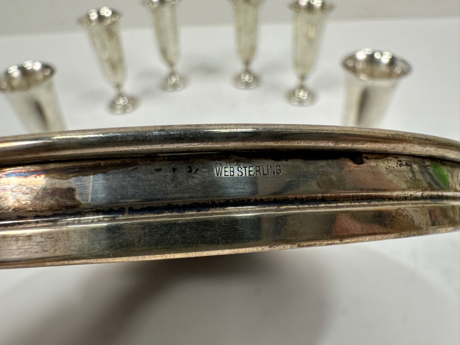 Web Sterling Silver (6) 3'H Cordial Cups Shot Glasses With Sterling Silver Rimmed 6.5' Round Tray Total Sterling Silver Weight of Cups Only 129g Silver Melt Value of Cups Only $146 [Photo 9]