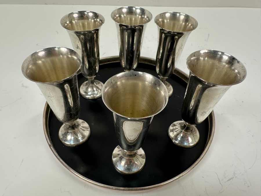 Web Sterling Silver (6) 3'H Cordial Cups Shot Glasses With Sterling Silver Rimmed 6.5' Round Tray Total Sterling Silver Weight of Cups Only 129g Silver Melt Value of Cups Only $146 [Photo 3]