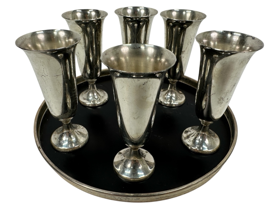 Web Sterling Silver (6) 3'H Cordial Cups Shot Glasses With Sterling Silver Rimmed 6.5' Round Tray Total Sterling Silver Weight of Cups Only 129g Silver Melt Value of Cups Only $146 [Photo 1]