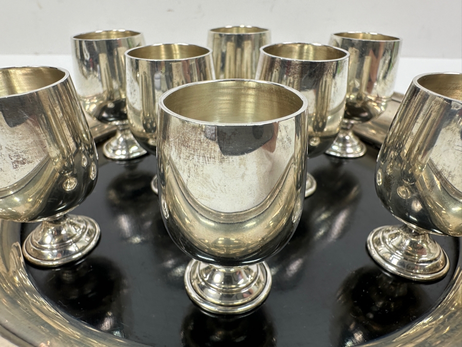 B&M Sterling Silver (8) 2'H Cordial Cups Shot Glasses With Sterling Silver Rimmed 7.5' Round Tray Total Sterling Silver Weight Without Tray 197g Silver Melt Value Without Tray $223 [Photo 4]
