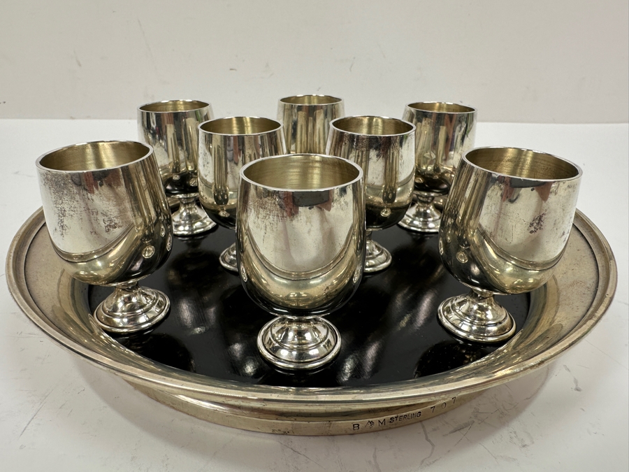 B&M Sterling Silver (8) 2'H Cordial Cups Shot Glasses With Sterling Silver Rimmed 7.5' Round Tray Total Sterling Silver Weight Without Tray 197g Silver Melt Value Without Tray $223 [Photo 2]