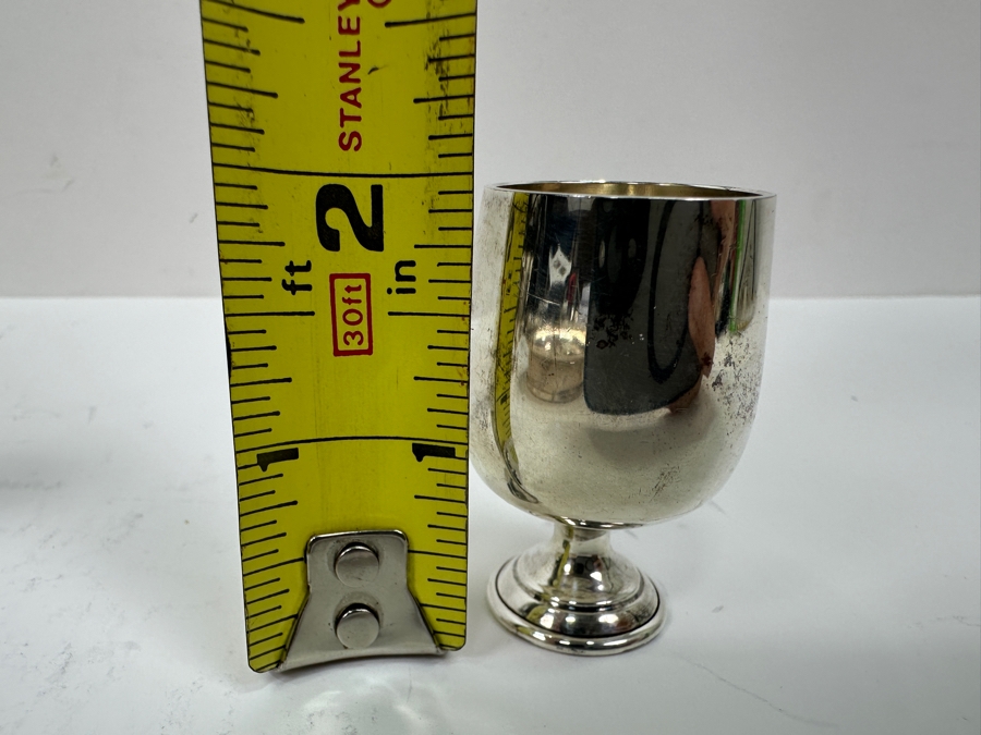 B&M Sterling Silver (8) 2'H Cordial Cups Shot Glasses With Sterling Silver Rimmed 7.5' Round Tray Total Sterling Silver Weight Without Tray 197g Silver Melt Value Without Tray $223 [Photo 12]