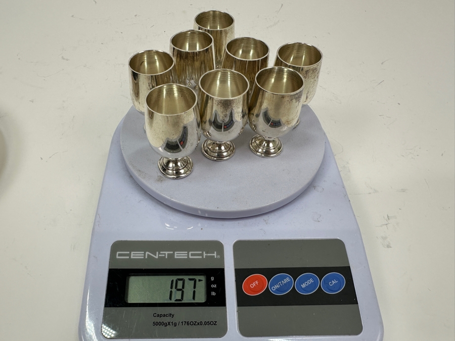 B&M Sterling Silver (8) 2'H Cordial Cups Shot Glasses With Sterling Silver Rimmed 7.5' Round Tray Total Sterling Silver Weight Without Tray 197g Silver Melt Value Without Tray $223 [Photo 13]