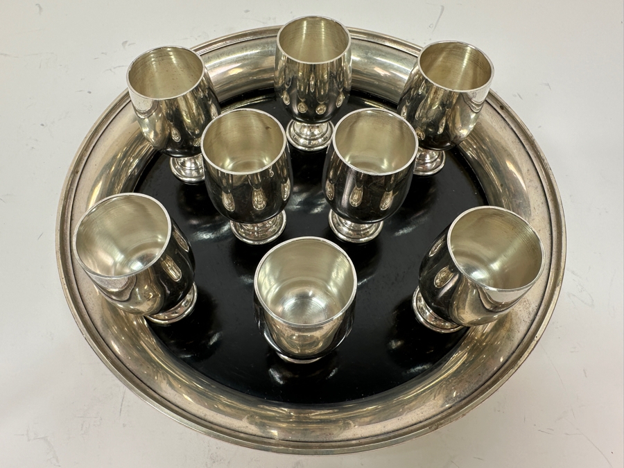 B&M Sterling Silver (8) 2'H Cordial Cups Shot Glasses With Sterling Silver Rimmed 7.5' Round Tray Total Sterling Silver Weight Without Tray 197g Silver Melt Value Without Tray $223 [Photo 3]