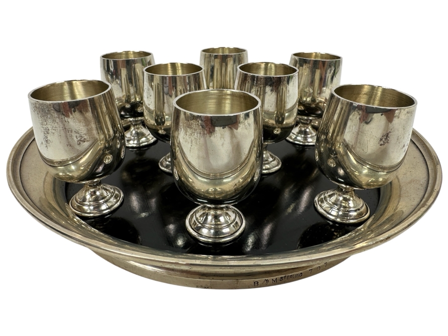 B&M Sterling Silver (8) 2'H Cordial Cups Shot Glasses With Sterling Silver Rimmed 7.5' Round Tray Total Sterling Silver Weight Without Tray 197g Silver Melt Value Without Tray $223 [Photo 1]