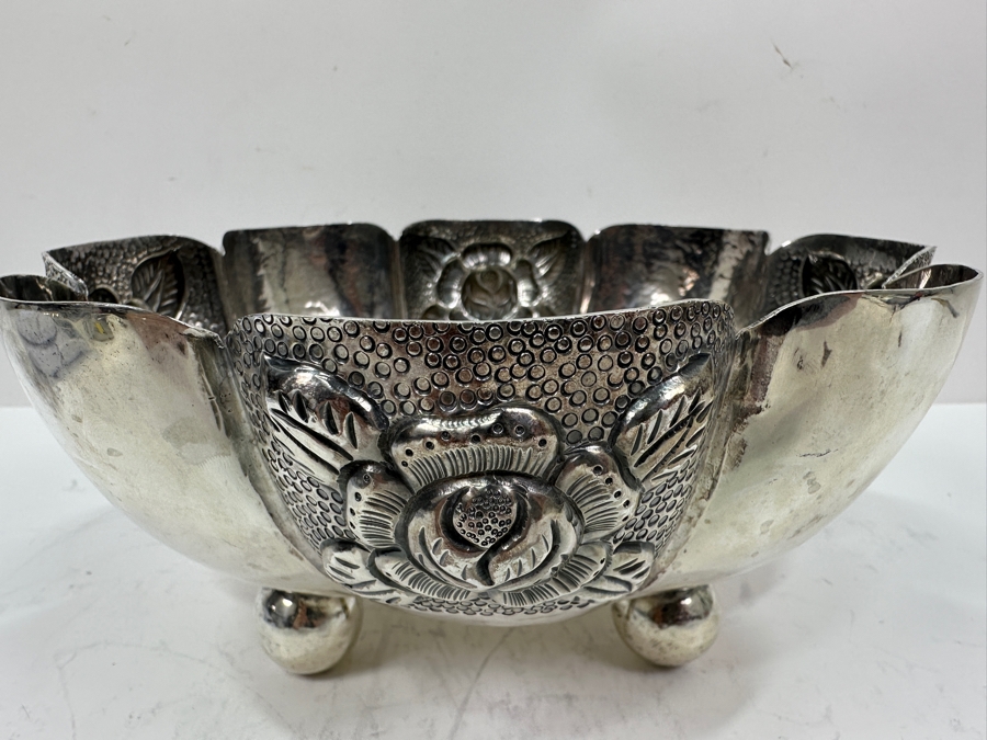 Sterling Silver Repousse Mexican Footed Bowl 8.5W X 3.75H 542g Silver Melt Value $614 [Photo 2]